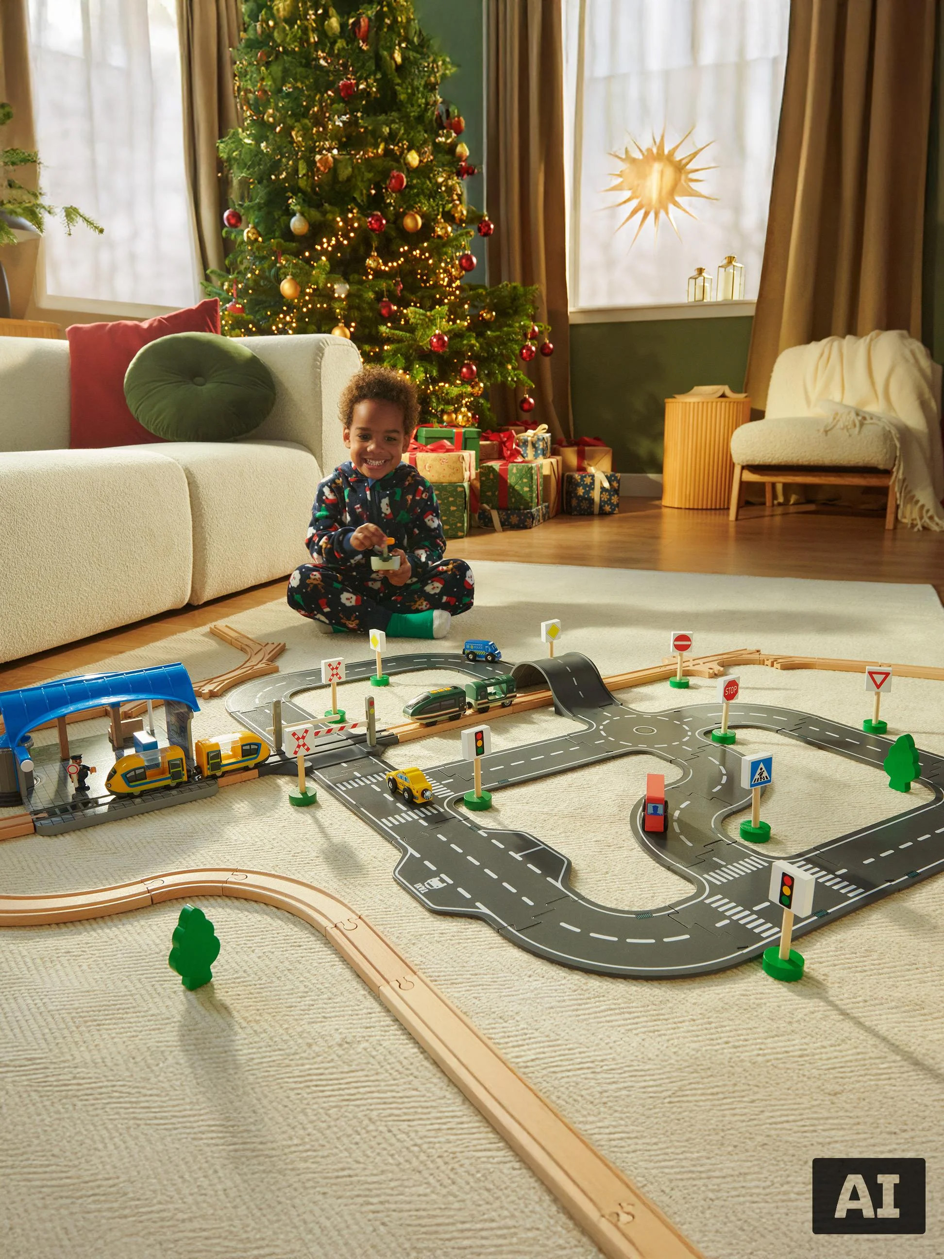 Kind speelt met een houten treinbaan en speelgoedauto's op een tapijt bij de kerstboom.