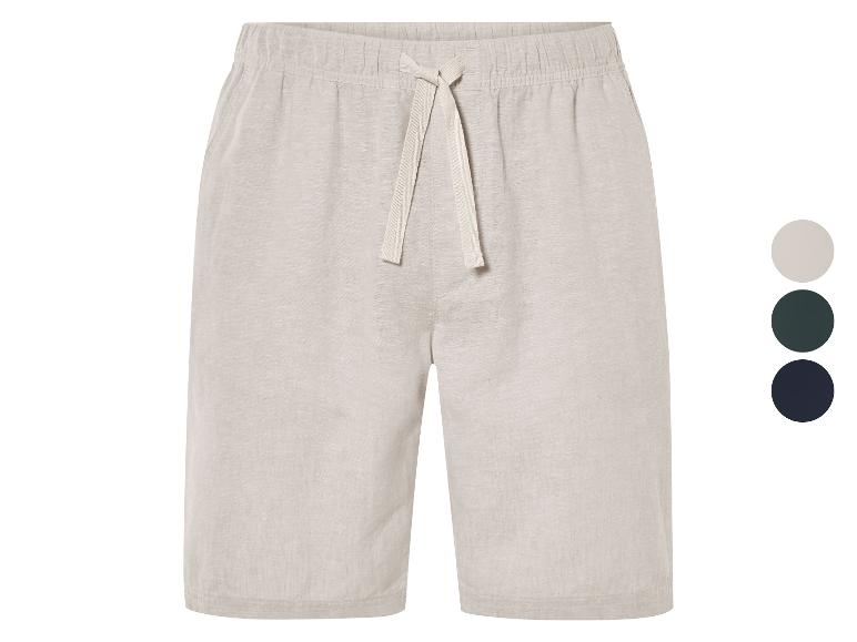 Beige linnen shorts met trekkoord; ook verkrijgbaar in donkergroen en zwart.