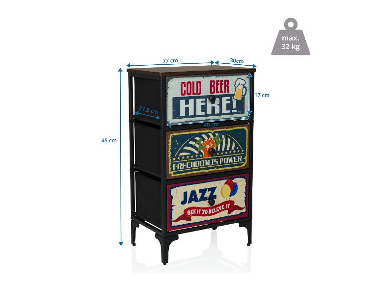 Ladekast met 3 lades met borden 'Cold Beer Here', 'Freedom is Power' en 'Jazz'.