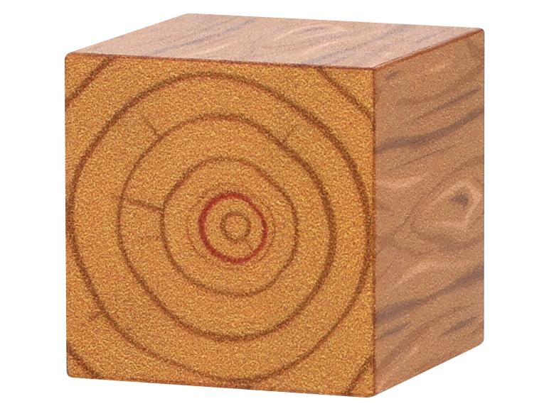 Houten kubus met zichtbare nerf en jaarringen