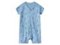 Lichtblauwe baby romper met korte mouwen en zeilbootjespatroon, voorzien van een ritssluiting aan de voorkant.