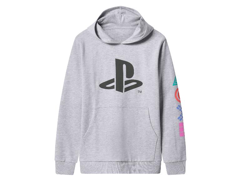Grijze hoodie met PlayStation-logo en kleurrijke symbolen op de mouw.