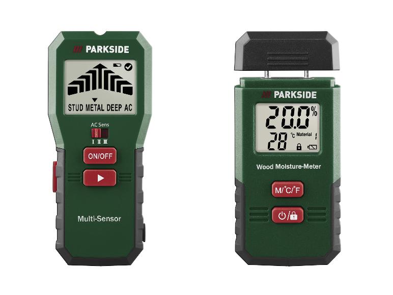 Twee digitale meetapparaten: een multi-sensor balkenzoeker en een houtvochtmeter.