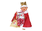 Kerstpop met gouden muts, rode cape en cadeauzak.