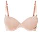 Een beige bh met gladde cups en verstelbare bandjes.