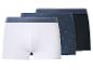 Set van 3 herenboxers: wit, marineblauw met zeilbootpatroon en effen marineblauw.