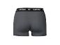 Grijze herenboxershort met zwarte tailleband en witte tekst.