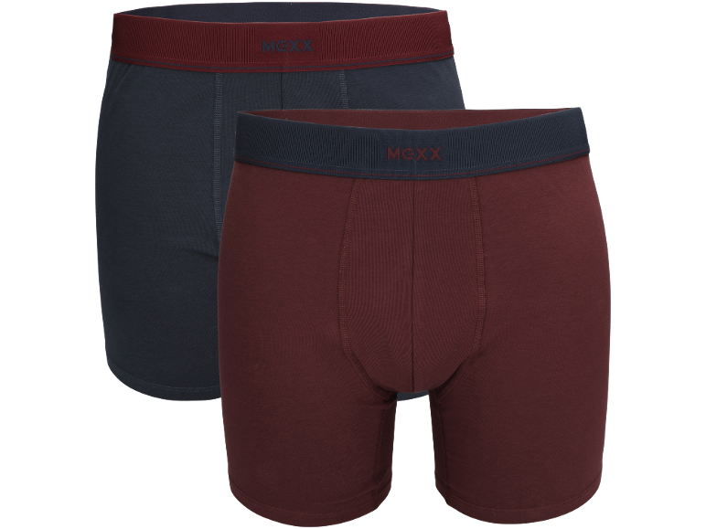 Twee herenboxershorts: één donkerblauw met bordeauxrode tailleband, één bordeauxrood met donkerblauwe tailleband.