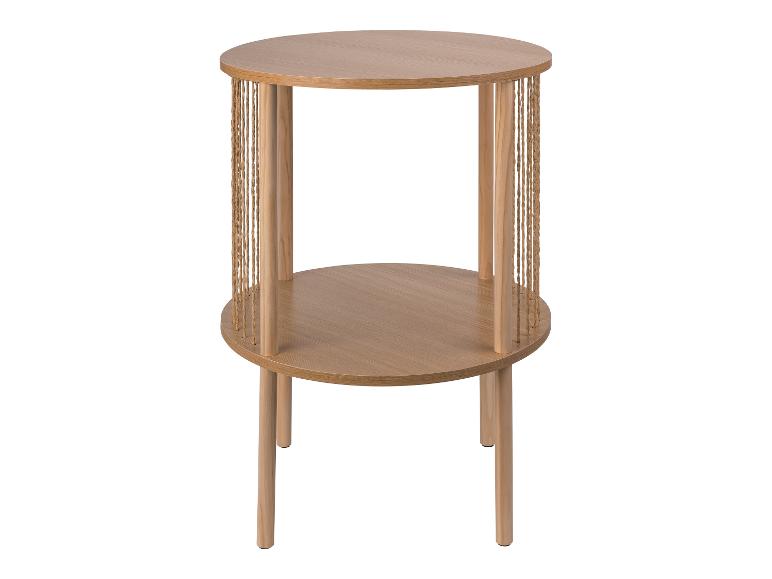 Houten ronde bijzettafel met twee planken en touwdetails.
