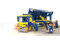 Speelgoed bouwset van een blauw-gele vrachtwagen met speelfiguren.