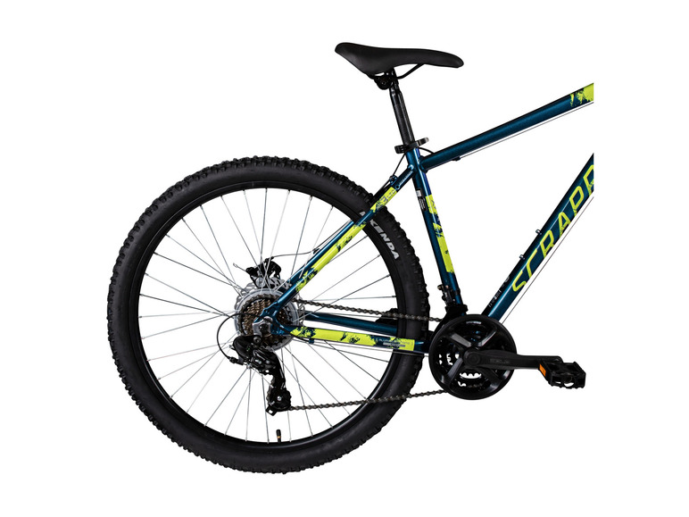 Een blauwe mountainbike met gele accenten en Kenda banden.