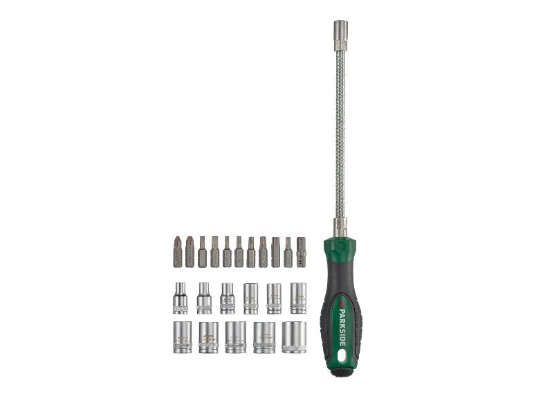 Schroevendraaier met flexibele verlenging, bits en doppen in diverse maten.