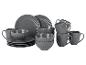 Grijze serviesgoed set met borden, kommen en mokken.