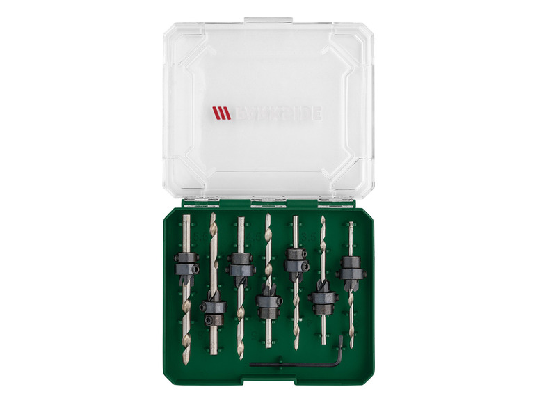 Een set boorbits van Bosch in een groene doos.