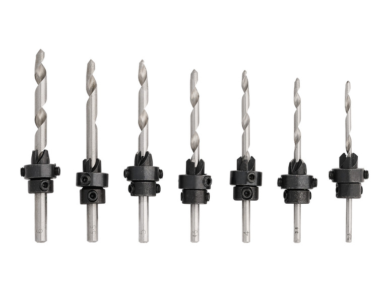 Een set van acht boortjes van verschillende groottes.