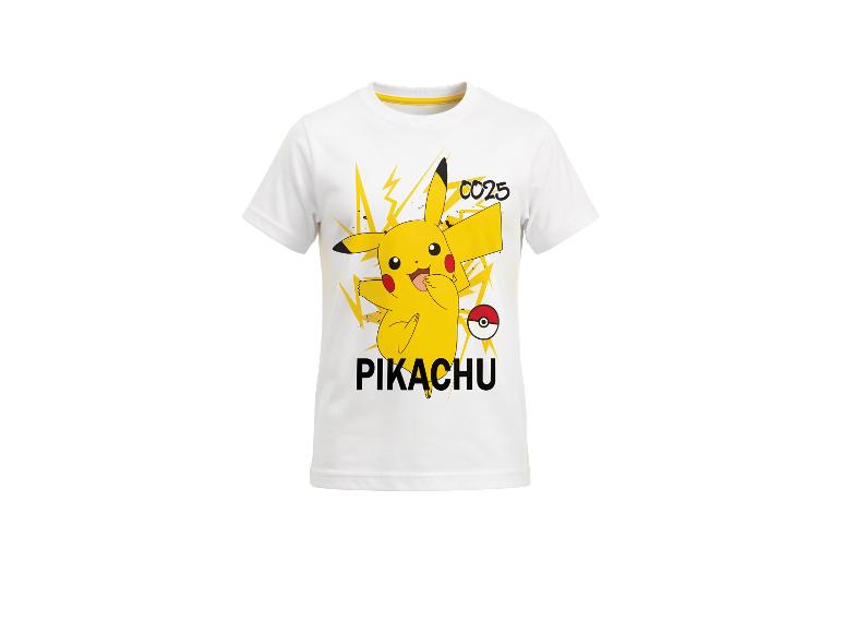 Wit kinder-T-shirt met een grote Pikachu-print, gele bliksemschichten en de tekst 'PIKACHU'.