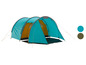 Een blauwe campingtent met gele accenten.