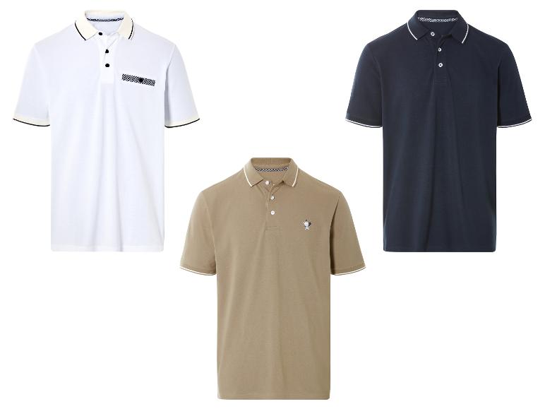 Drie poloshirts: wit, donkerblauw en beige.