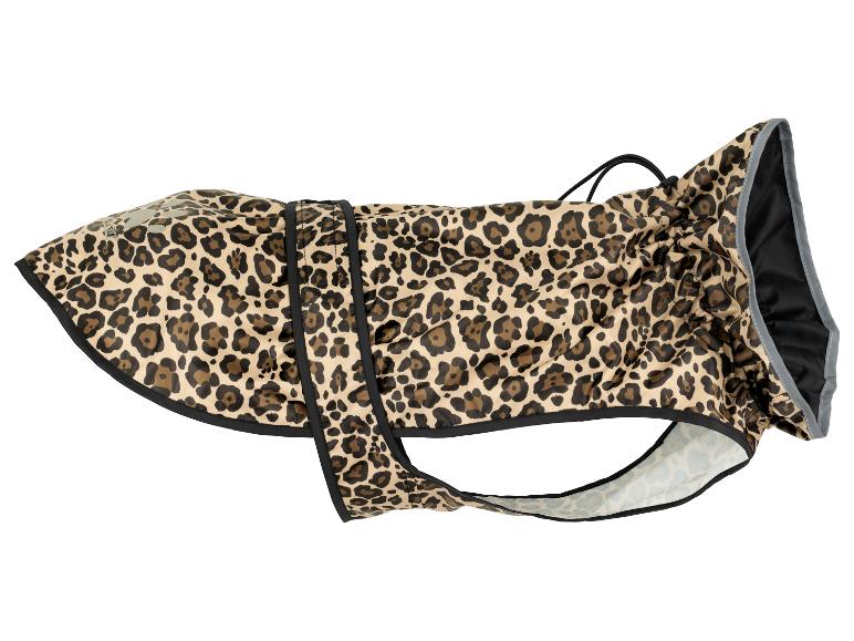 Leopardprint hondenregenjas met zwarte biezen en trekkoordcapuchon