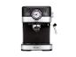 Zwart-zilveren espressomachine met drukmeter en stoompijpje.