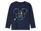 Een donkerblauw longsleeve shirt met een Mickey Mouse ontwerp en de tekst 'Zoom to the Moon'.