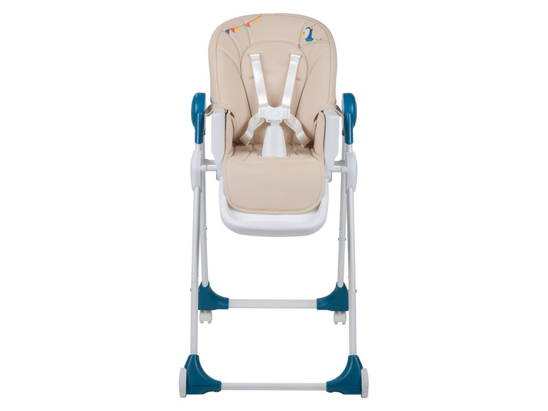 Beige babystoel met blauwe details en een veiligheidstuigje.