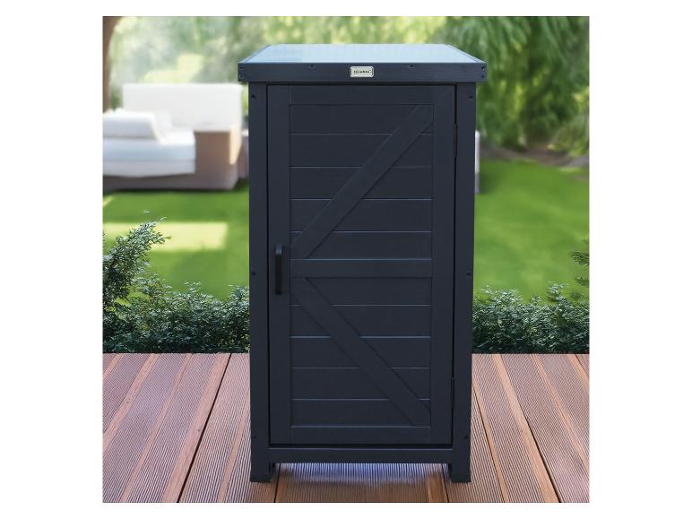 Donkergrijze buitenkast met lamellenontwerp en HADAO-logo op een houten terras.