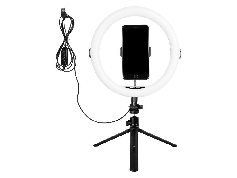 AGFAPHOTO ringlamp set met statief en smartphone.