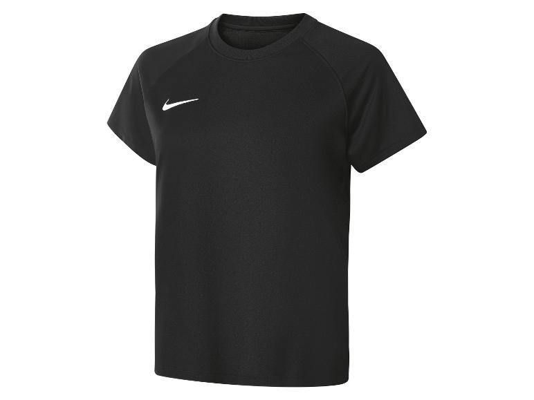 Zwart sport-T-shirt met korte mouwen, ronde hals en wit logo op de borst.