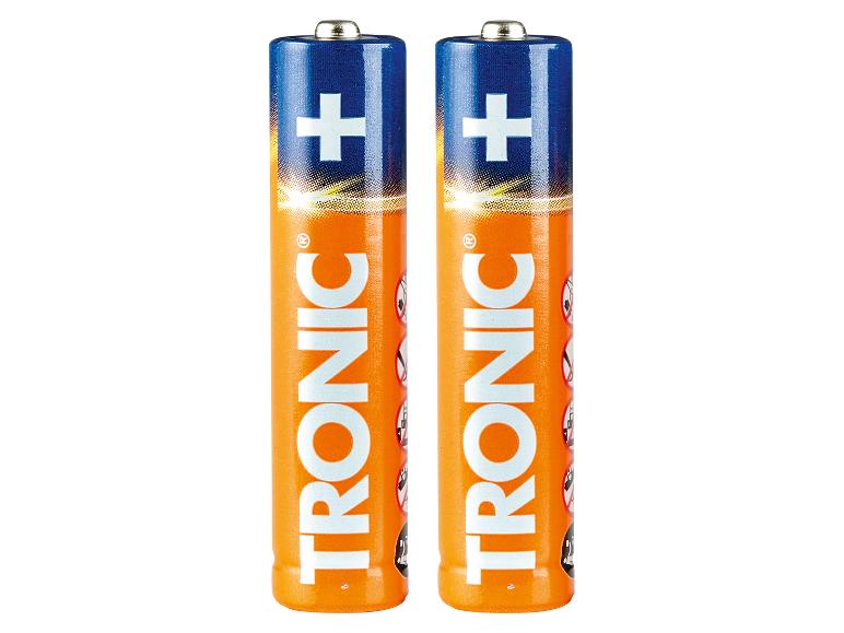 Twee oranje en blauwe Tronic batterijen met plussymbolen.