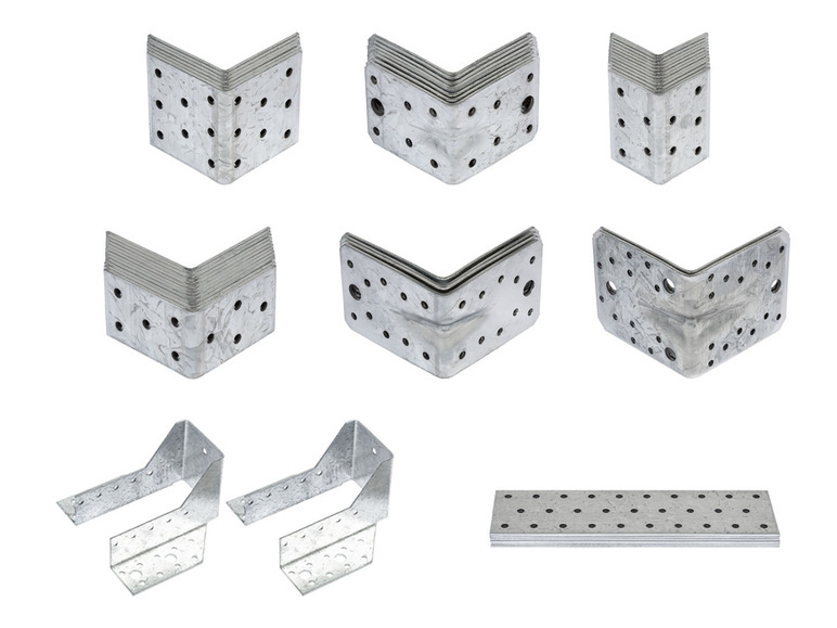 Metalen hoekbeugels, L-vormige beugels en een platte metalen strip.