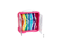 Roze Barbie vitrinekoffer met regenboogachtergrond en verlicht logo.