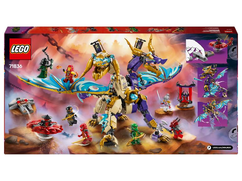 LEGO Ninjago set 71836 met een gouden en paarse draak, minifiguren en accessoires.