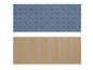 Twee vloerkleden: een met een geometrisch patroon in blauw en wit, en een met horizontale strepen in beige en geel.