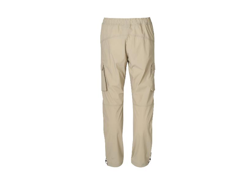 Beige cargobroek met elastische tailleband en zijzakken.