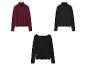 Drie truien met lange mouwen: twee coltruien (bordeaux, zwart) en één boothals (zwart).