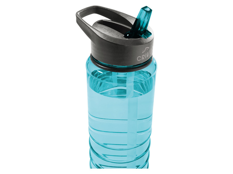 Een blauwe drinkfles van Crivit met een drinktuit.