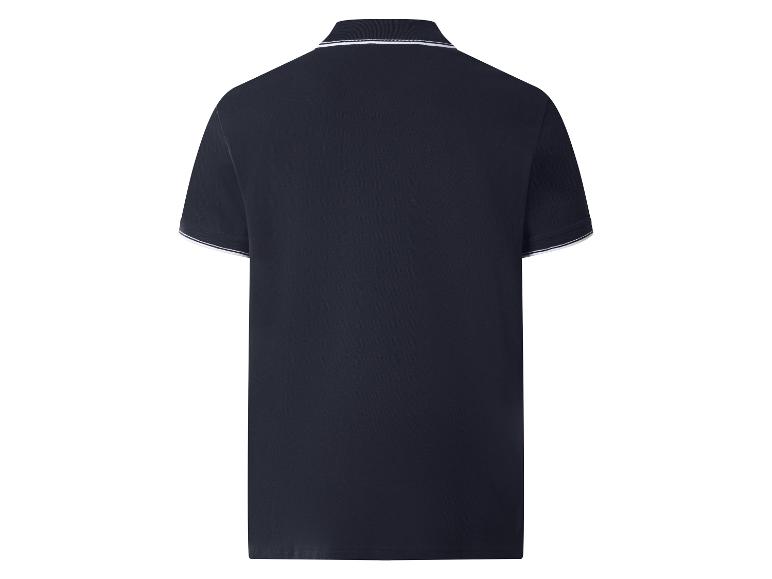 Donkerblauw heren poloshirt met witte strepen op de kraag en mouwen, achteraanzicht.