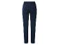 Donkerblauwe damesjeans met oranje stiksels, achteraanzicht.