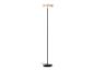 Zwarte vloerlamp met beige lampenkap en ronde voet.
