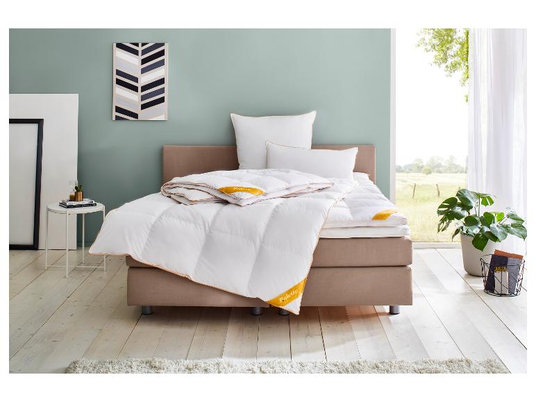 Slaapkamer met een bed met witte Palette dekbedden en kussens, een bijzettafel en een plant.