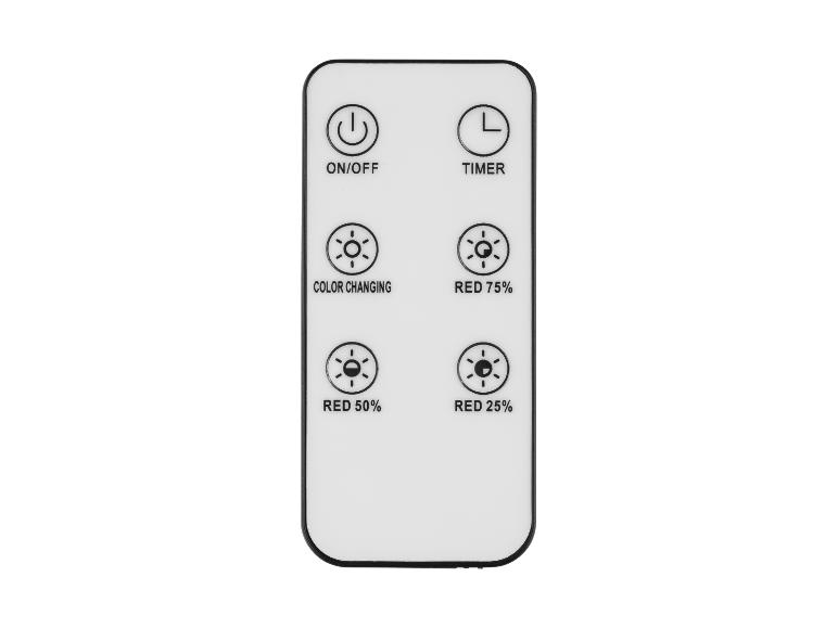 Witte afstandsbediening met knoppen voor aan/uit, timer, kleurverandering en rode intensiteit