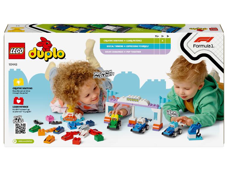 LEGO Duplo Formule 1 doos met kinderen die met raceauto's spelen.