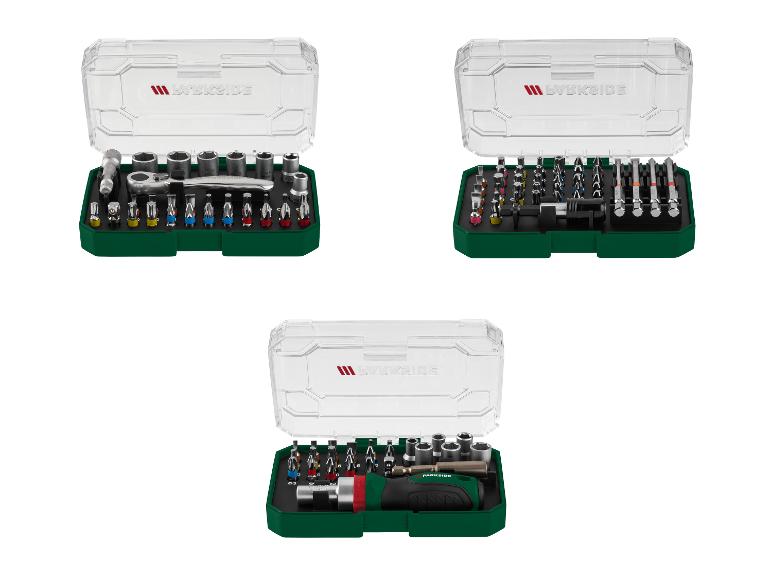 Drie Parkside gereedschapskoffers: dopassen, bits en schroevendraaiers.