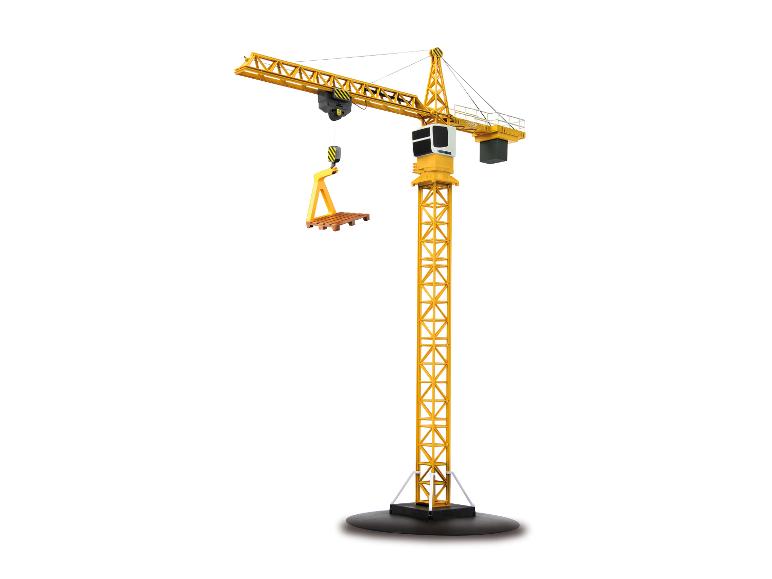 Geel Liebherr kraanmodel met pallet.