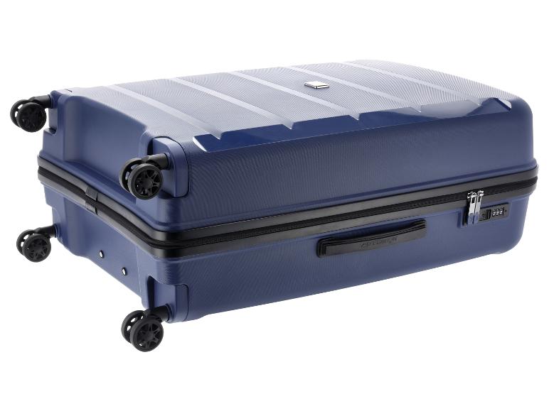 Blauwe hardschalige koffer met vier wielen en een cijferslot.