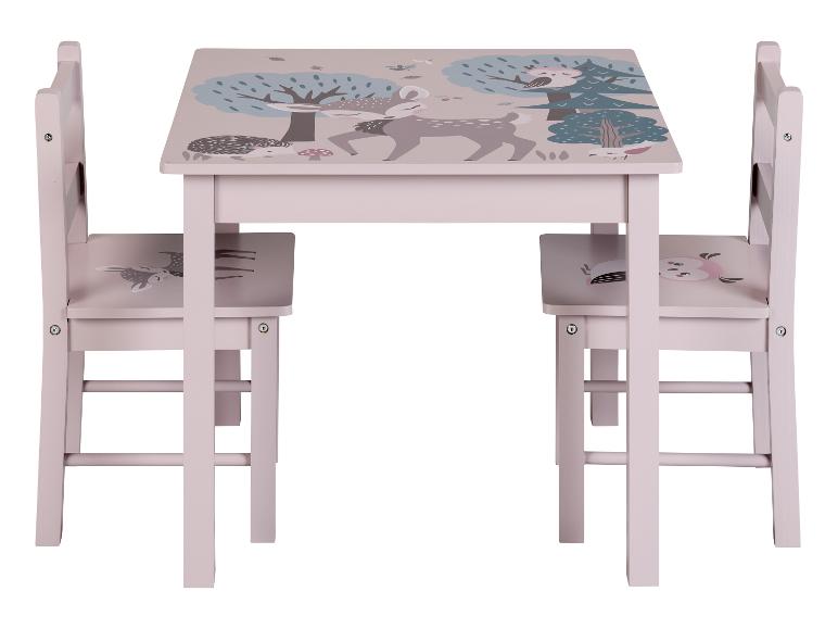 Roze kinderbureau en twee stoelen met bosdierenthema
