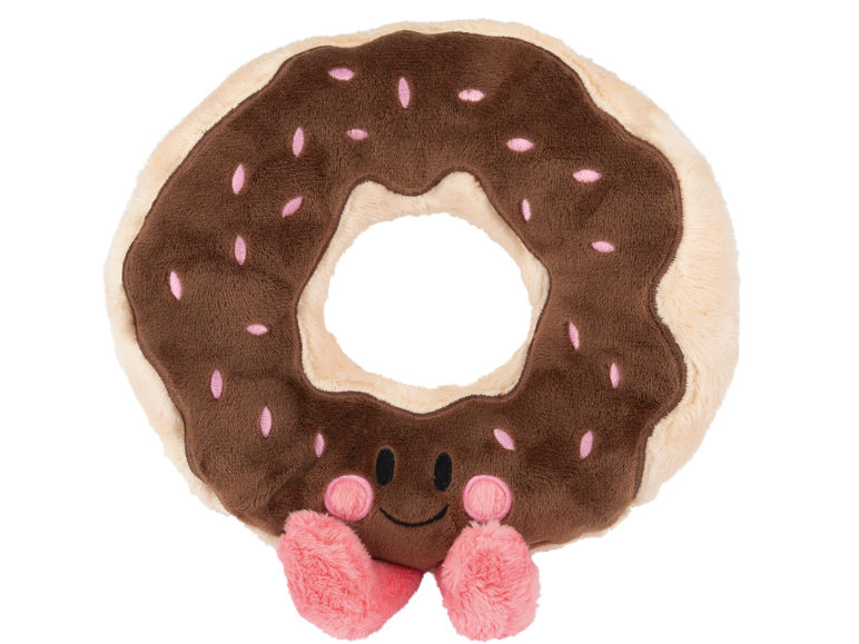 Pluche speelgoed in de vorm van een donut met bruine glazuur en roze pootjes.