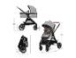 Kinderwagen met reiswieg en zitje, opgevouwen en met afmetingen