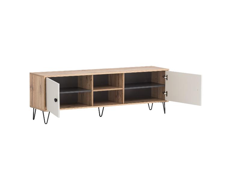 Licht houten dressoir met witte deuren en donkere planken, op zwarte metalen poten.